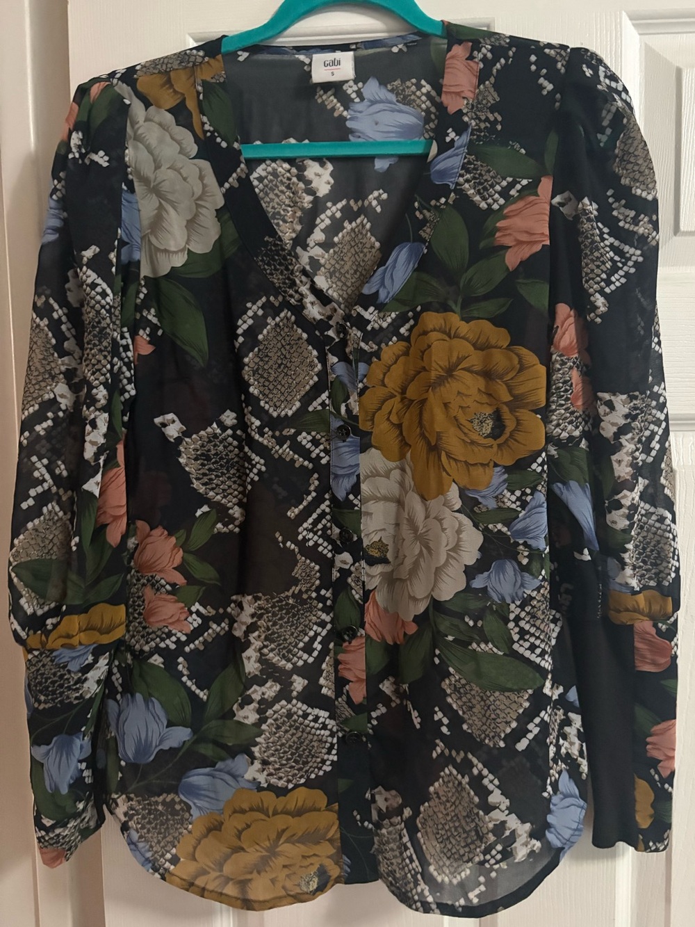 Cabi button up long sleeve blouse top floral sheer lightweight S